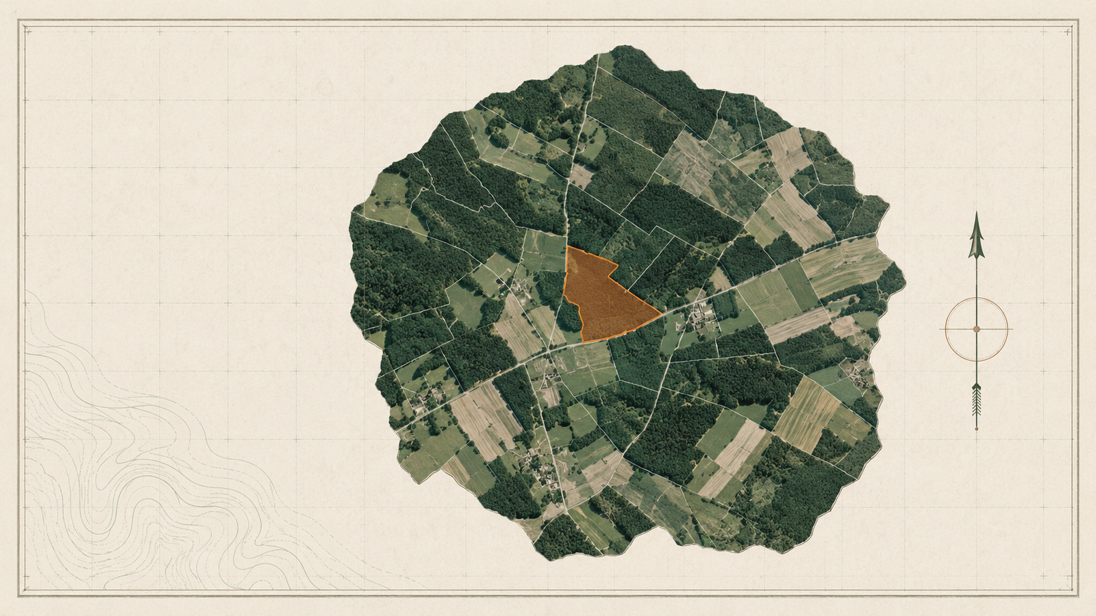 Aerial survey plate of Estonian forest and field parcels with one parcel outlined in copper