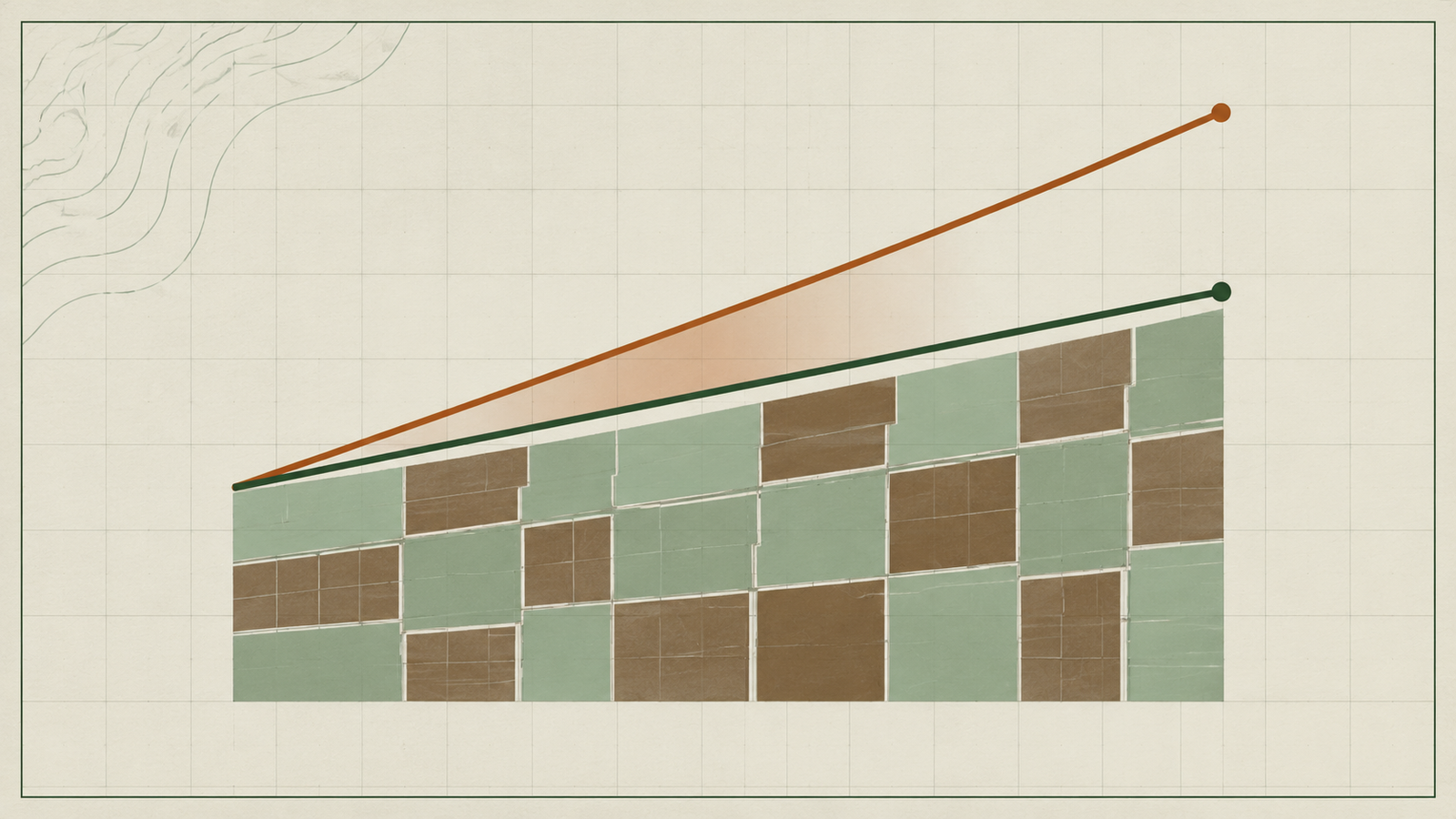 Survey plate diagram of two diverging lines over field parcels, the upper line in copper, showing price outpacing rent