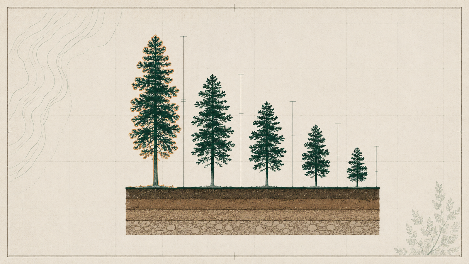 Survey plate diagram of six stand silhouettes of stepped heights over a soil profile band, the tallest outlined in copper