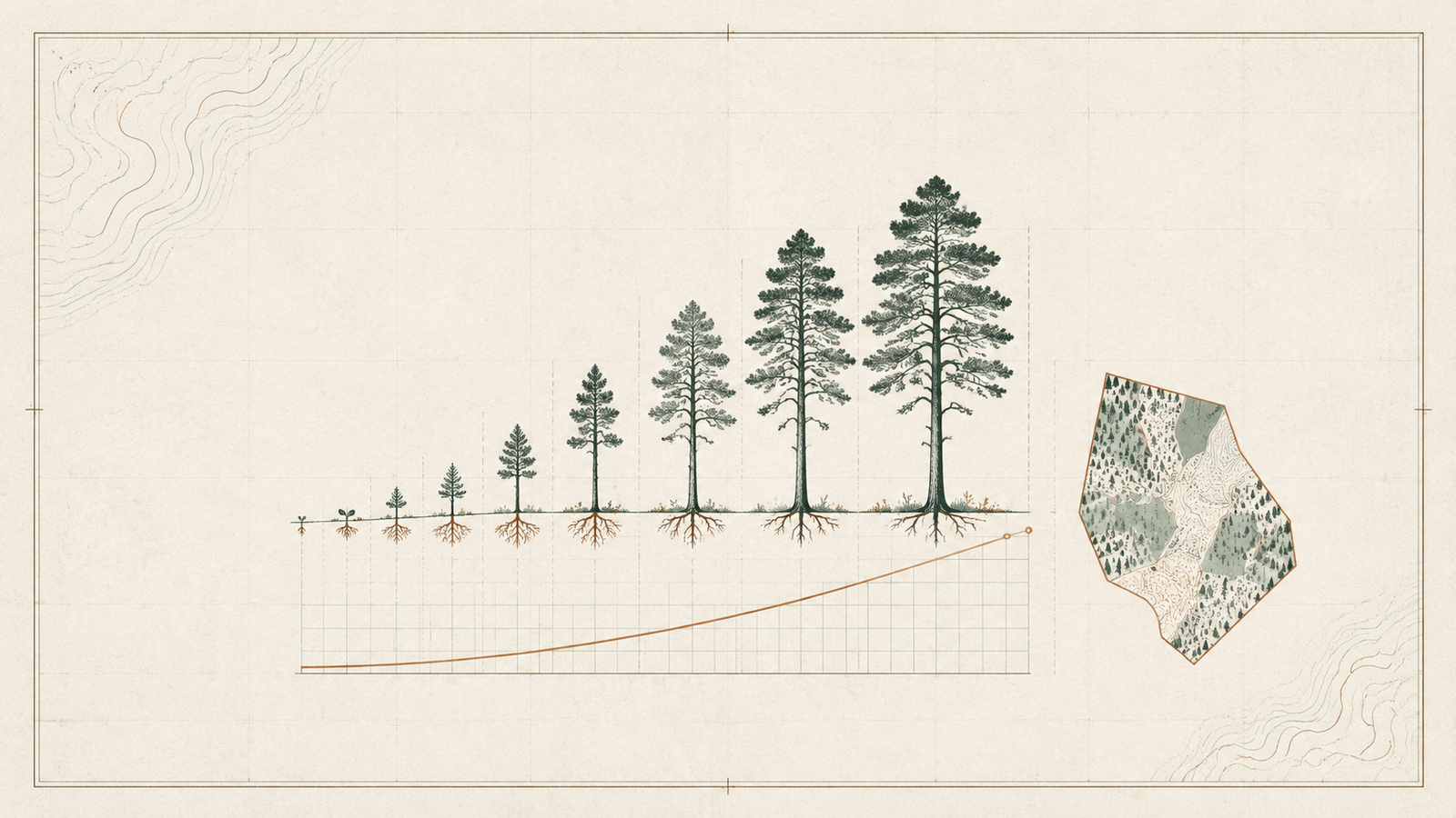 Survey-style diagram of forest growth stages with a rising copper valuation curve