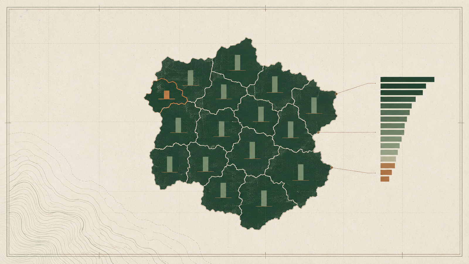 Survey plate diagram of Estonian county parcels with the felled share drawn in copper against forest green