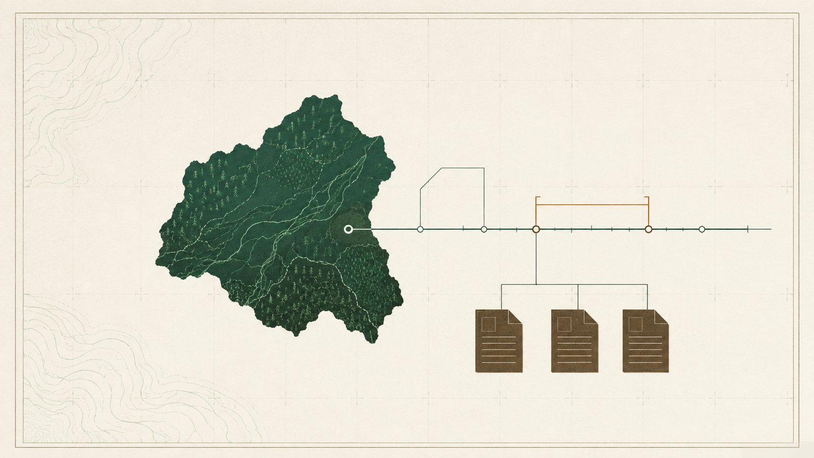 Survey plate diagram of a forest parcel with a registered cutting window drawn as a copper bracket on a timeline