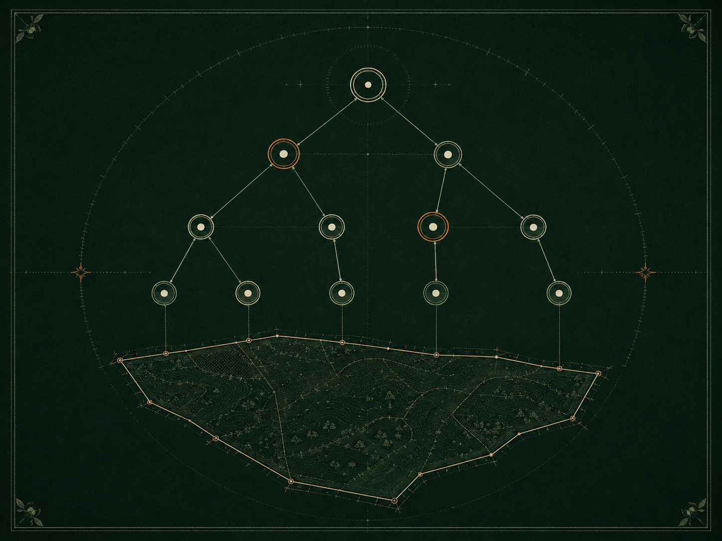 Ownership network diagram descending from a parent company node to a land parcel, with two copper-flagged nodes