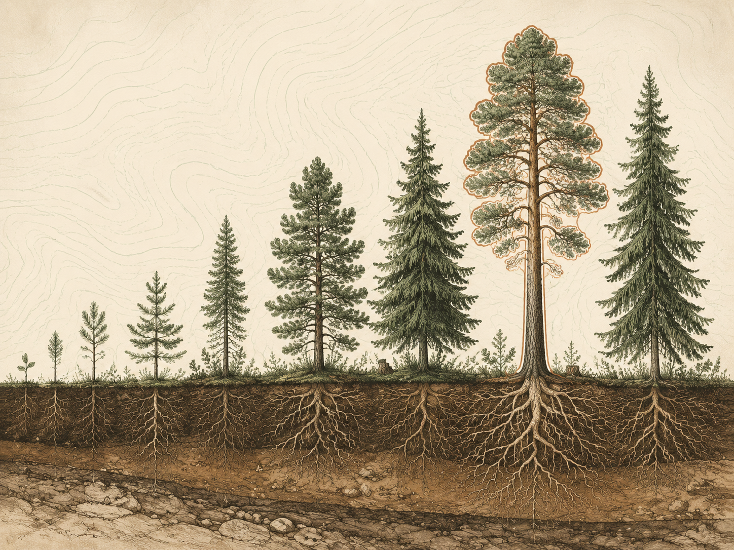 Scientific cross-section of a managed pine and spruce stand showing age classes and soil profile