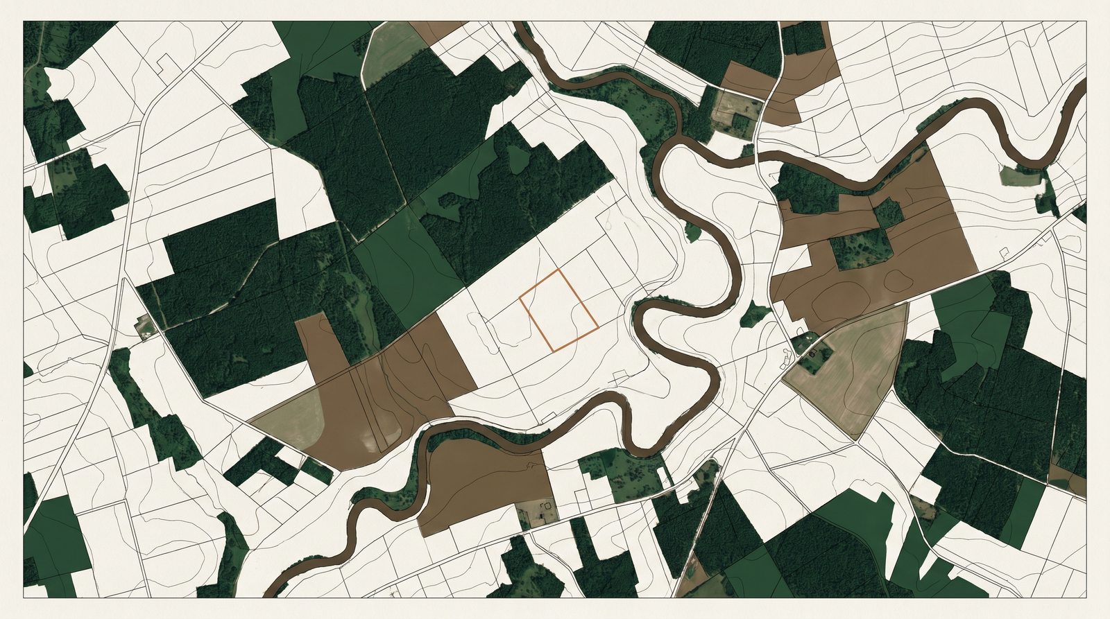 Satellite-style mosaic of Estonian forest and field parcels with cadastral boundary lines and one copper-highlighted parcel