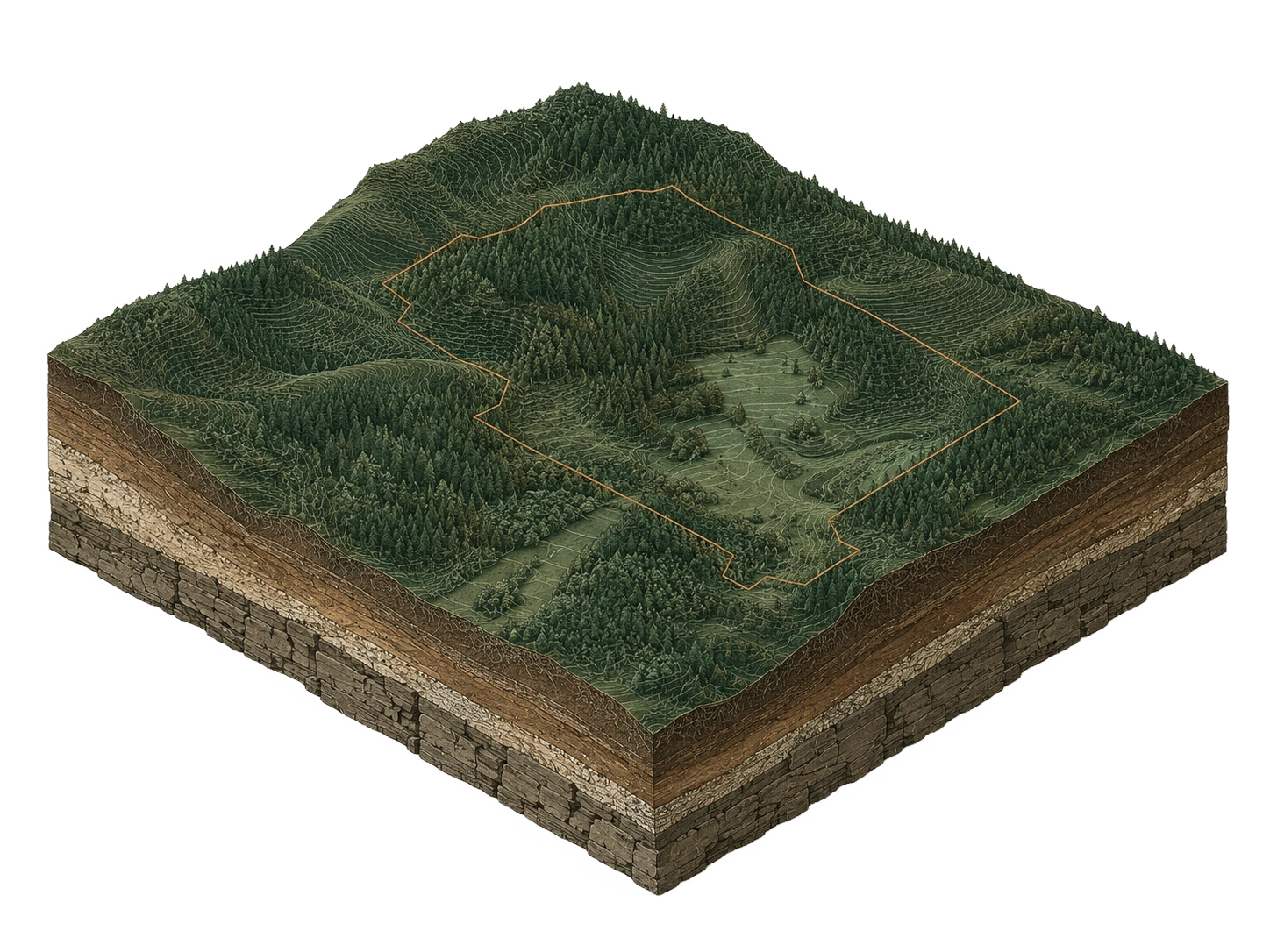 Axonometric specimen slab of Estonian forest terrain with soil cross-section and a copper-outlined land parcel