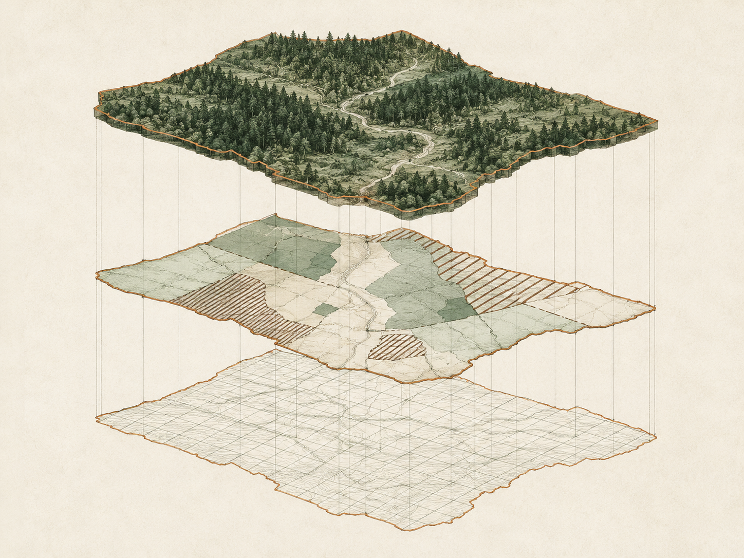 Exploded diagram of a land parcel as three stacked layers: terrain, legal zoning and economic grid