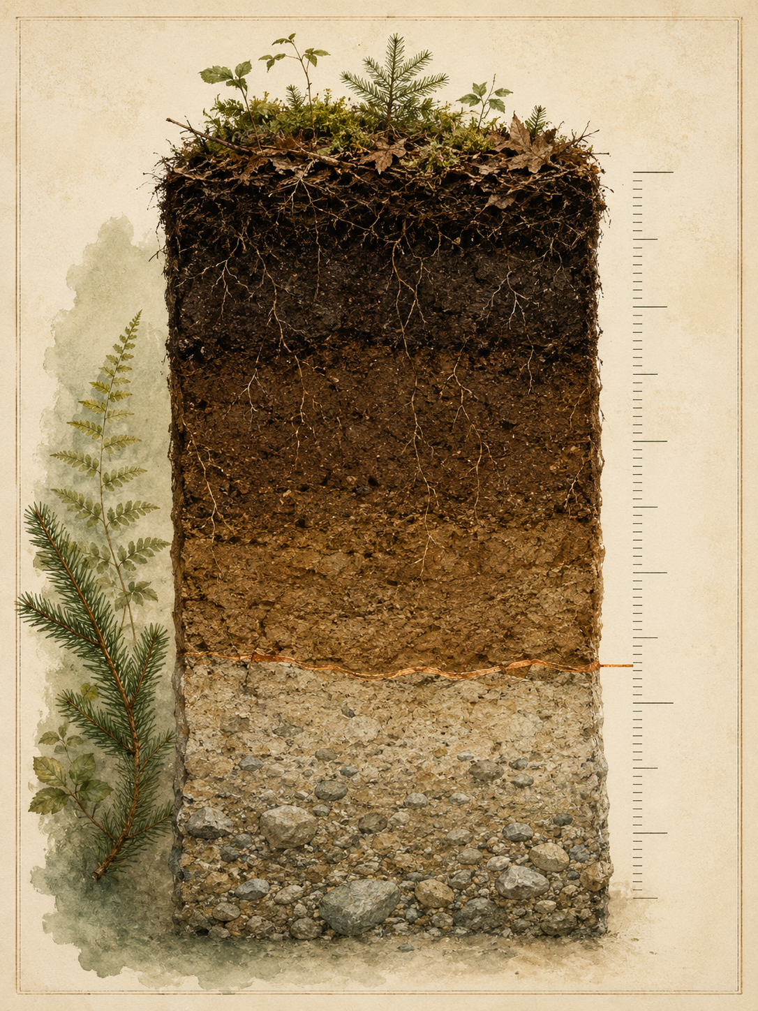 Vertical soil profile specimen of Estonian forest soil with distinct horizons and a hairline depth ruler
